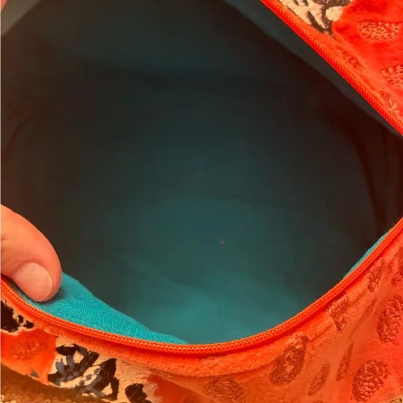 Large Embroidered Bright Orange Zebra Cosmetic Bag w Pom Pom Zipper NWT - Picture 2 of 6